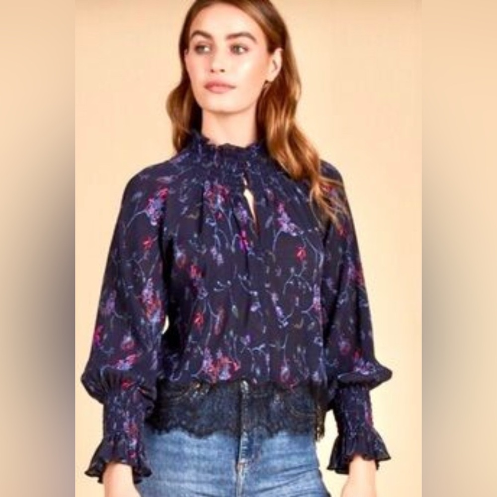 Tanya Taylor Navy Floral Smocked Lace Hem Blouse